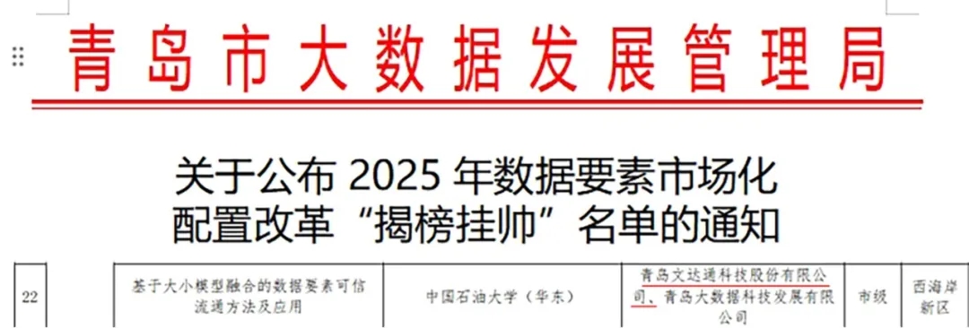 文達通股份成功入選2025年數據要素市場化配置改革“揭榜掛帥”名單